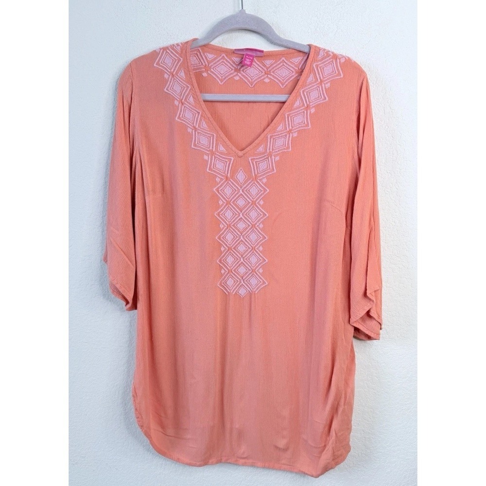 Lilly Pulitzer Embroidered Tunic Top XL 100% Rayon Boho Peasant Coastal Grandma